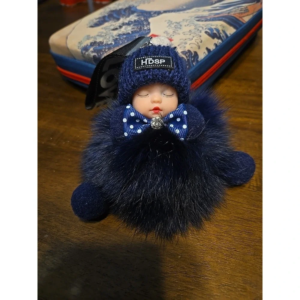 Adorable sleeping Baby Pom Pom  Keychain Purse Charm‎ - Navy Blue